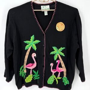 Quacker Factory Embroidered Black Pink Sequin Flamingo Cardigan Sweater  3X